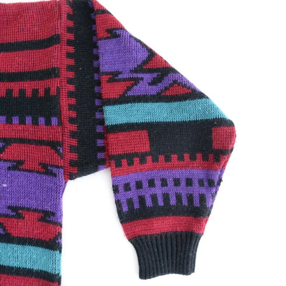 Vintage 90'S Vanderbilt Maroon Black Purple Aztec Turtleneck  Knit Sweater M - Picture 11 of 13